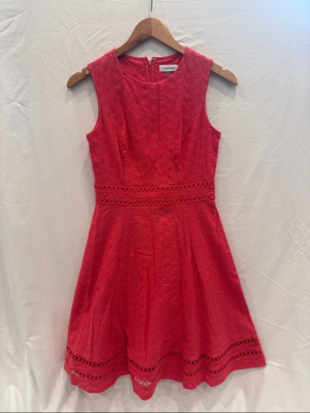 Calvin Klein Salmon Pink 100% Cotton Eyelet Lace Fit-and-Flare Dress, Size Small